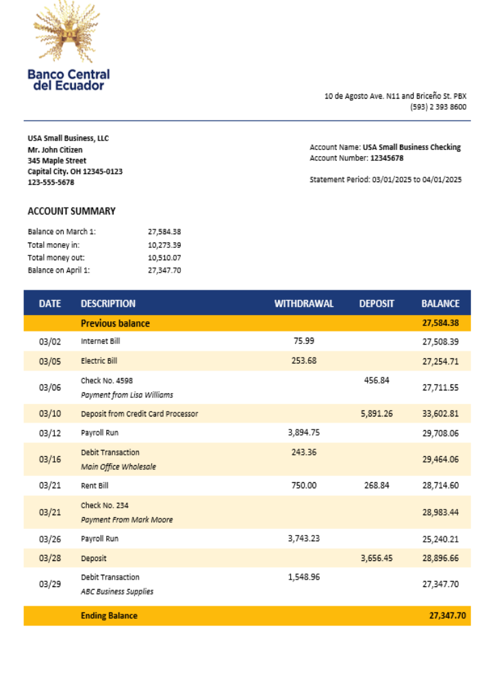 Relevé bancaire professionnel de la Banque centrale de l'Équateur Format Word et PDF